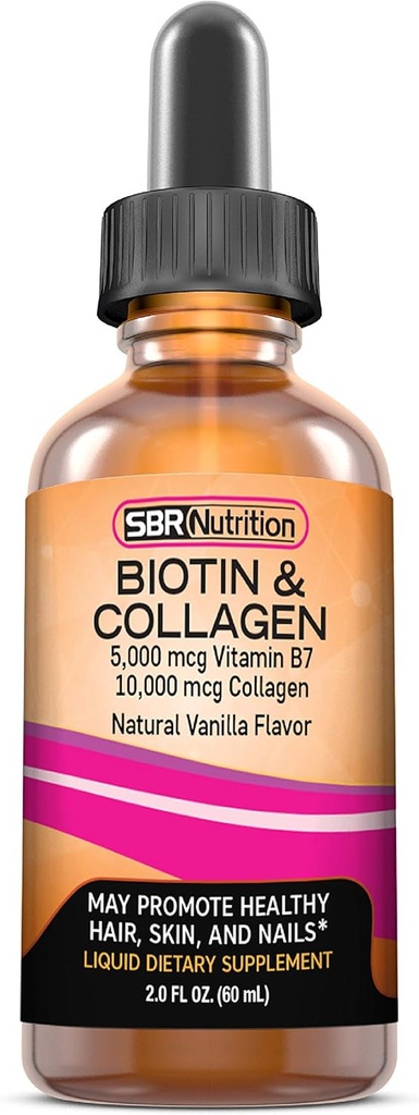SBR Nutrition Biotin ja Collagen Liquid Daily ruokavalio täydentää, vitamiinit hiusten kasvua ja paksuuntuminen, ihon terveys ja kynsien vahvuus, 2 oz (60ml)