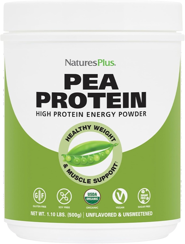 Natures Plus Organic Pea Protein - 1,1 lbs, Vegan Drink Powder - High Energy Protein Powder, Hunger Suppressant, Muscle Builder, främjar hjärthälsa - Icke-GMO, Vegetarian, Gluten-Free - 25 portioner