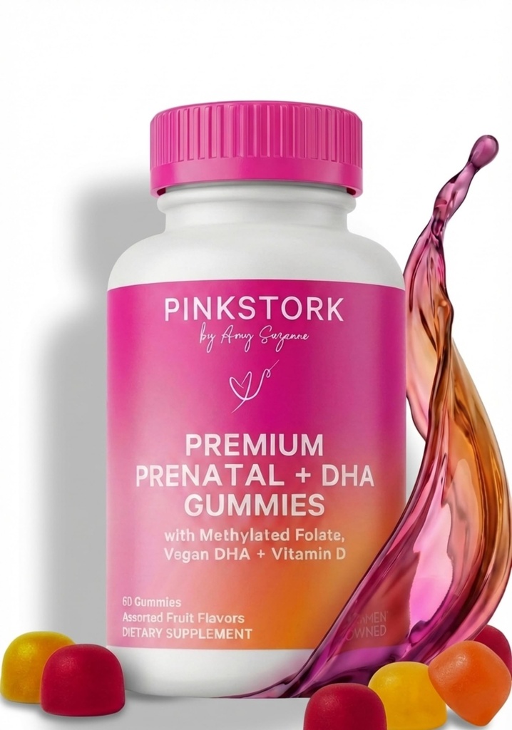 Pink Stork Premium prenatal Gummy Vitamiinit DHA, Folaatti, ja D-vitamiini - Multivitamiini ja ravintoaine Blend hermoston Tube ja sikiön aivojen kehitys - Raskaus Täytyy olla - 60 Vegan Gummies