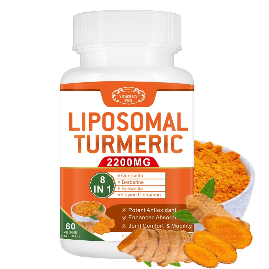 2200mg Liposomal Turmeric Curcumin Supplement med Black Pepper & Ginger Förbättrad Absorption - 95% Curcumin Extract för Joint Support 60 kapslar