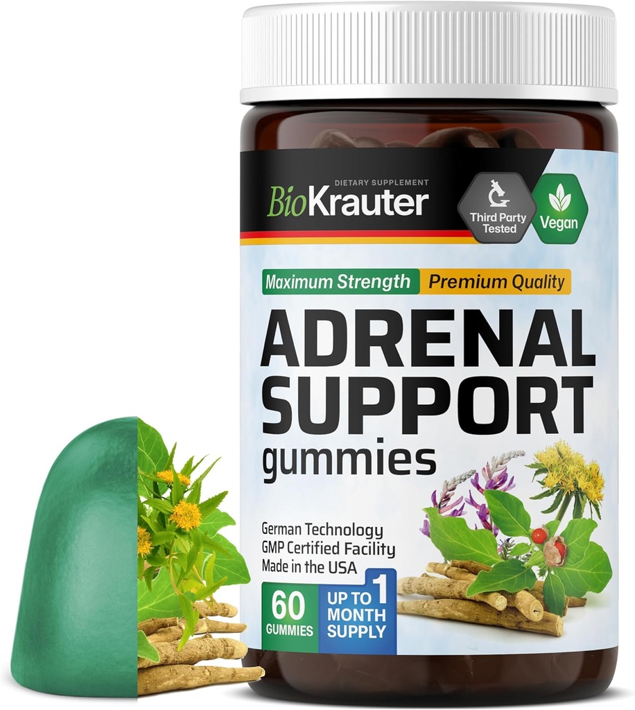 BIO KRAUTER Adrenal Support Gummies - 60 Chews - Rhodiola & Ashwagandha Gummies med vitamin C, B6, B12 - Vegan Mood Support Supplement