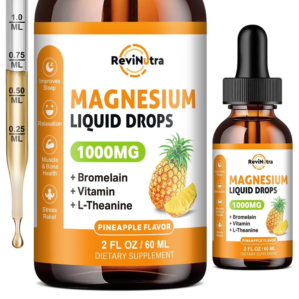 Magnesium Glycinate Liquid Drops, 1000 mg nestemäistä Magnesium Complex Supplement for Sleep, Hermo, Energia, Lihas, Luut, Rauhoitu & Ruokavalio, Korkea Imeytyminen, 2 Fl Oz, Sokerivapaa Ananas Flavor