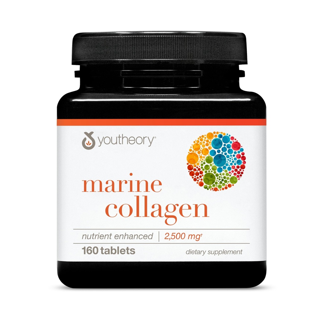 Youtheory Marine Collagen - 2500 mg - tukee niveliä, kynsiä, hiuksia, ihoa, luuta ja lihasten terveyttä* - Aminohappoja, kivennäisaineita ja vitamiineja C, A, E, B6 & B12-160 tablettia (32-päivä tarjonta)