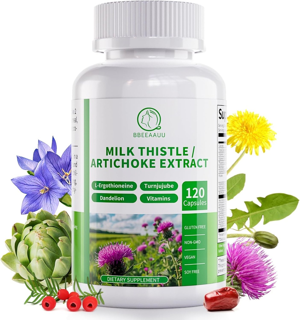 Milk Thistle Supplement, Liver Cleanse Detox & Repair Formula, 16-in-1 Herbal Liver Support Pill Artisoke, L-Ergothioneine, Turnjujube Dandelion Extract Liver & Antioxidantti 120 kapselia