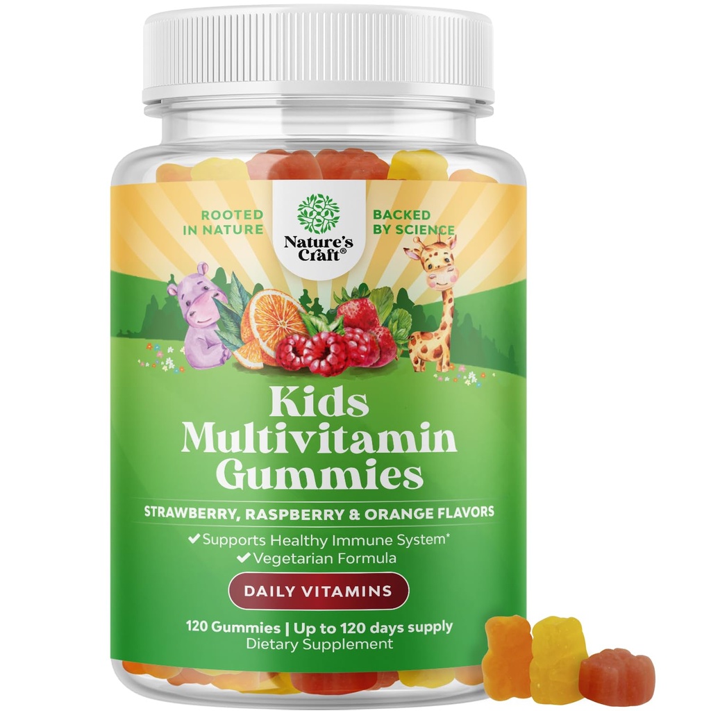 Natures Craft Plant Based Kids Multivitamiini Gummies - Monivitamiini lapsille Immuniteetti Tuki Gumies vitamiineja A C D3 E B ja Sinkki Liivate ja Gluteenittomat ei-GMO-vitamiinit Gummy Formula 120ct