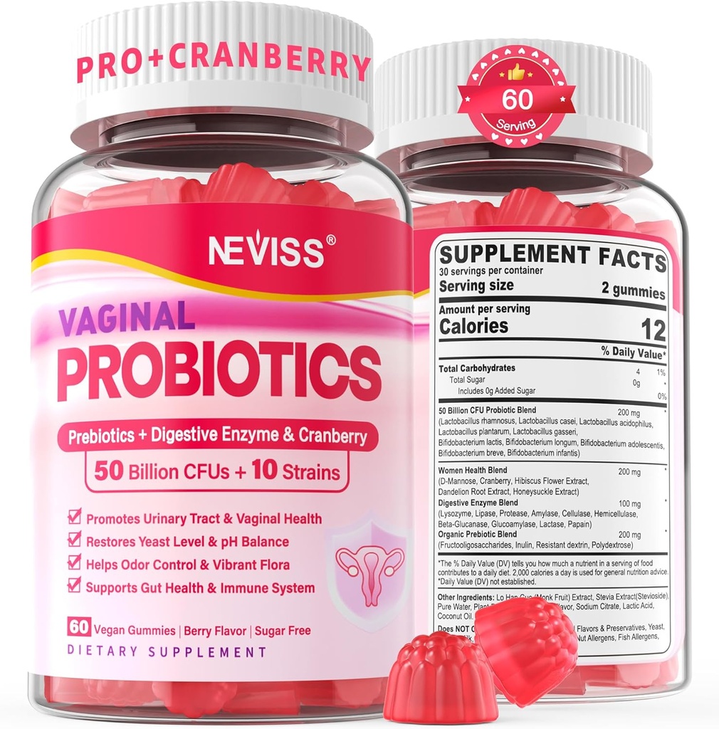 emätin Probiootit Gummies naisten PH Balance, Odor Control prebiootit, karpalo, D-Mannose, edistää feminiini terve emättimen Flora, virtsatie, Hiiva, Ruoansulatuskanavan tuki, sokeriton, 120Cts