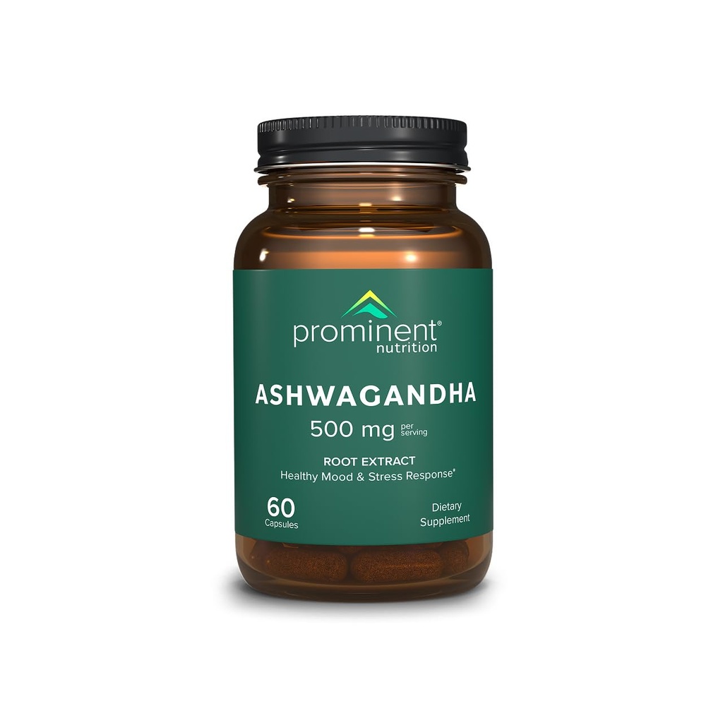 Prominent Nutrition Ashwagandha Supplement - Kliniskt Forskad Shagandha Root Extract för hälsosamt humör och stressstöd, standardiserat till 2,5% Withanolides, 500 mg, 60 Vegan Capsules - 1 Pack