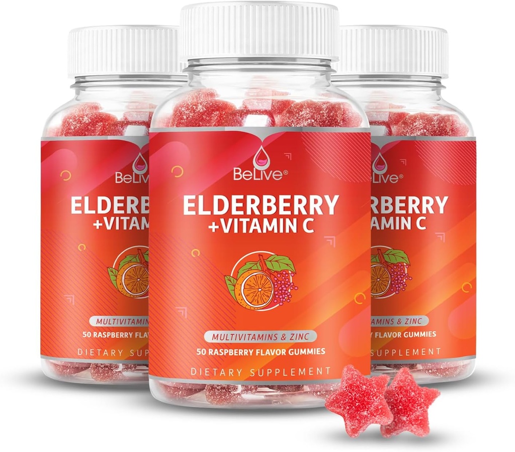 BeLive Elderberry Gummies sinkkiä ja C-vitamiinia - Immuuni tuki täydentää D-vitamiinia, A, E, B12 - Gummies terveille luut ja hampaat, vegaaninen, Keto & ei-GMO - Vadelma maku ...