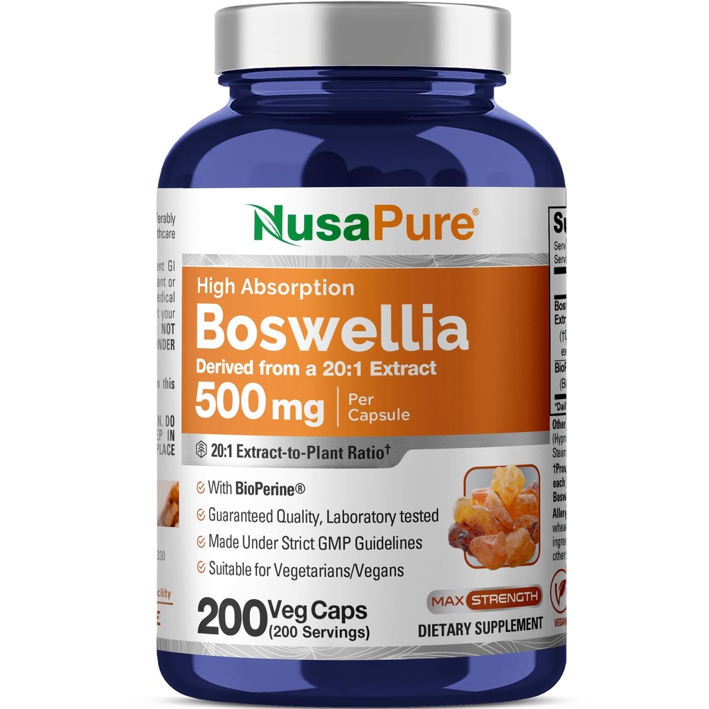 NusaPure Boswellia Serrata 10 000 mg per Veggie Caps 200 Count (20:1, ei-GMO, Vegan, Bioperine) Ayurvedic Herb: Intian Olibanum, Frankincense