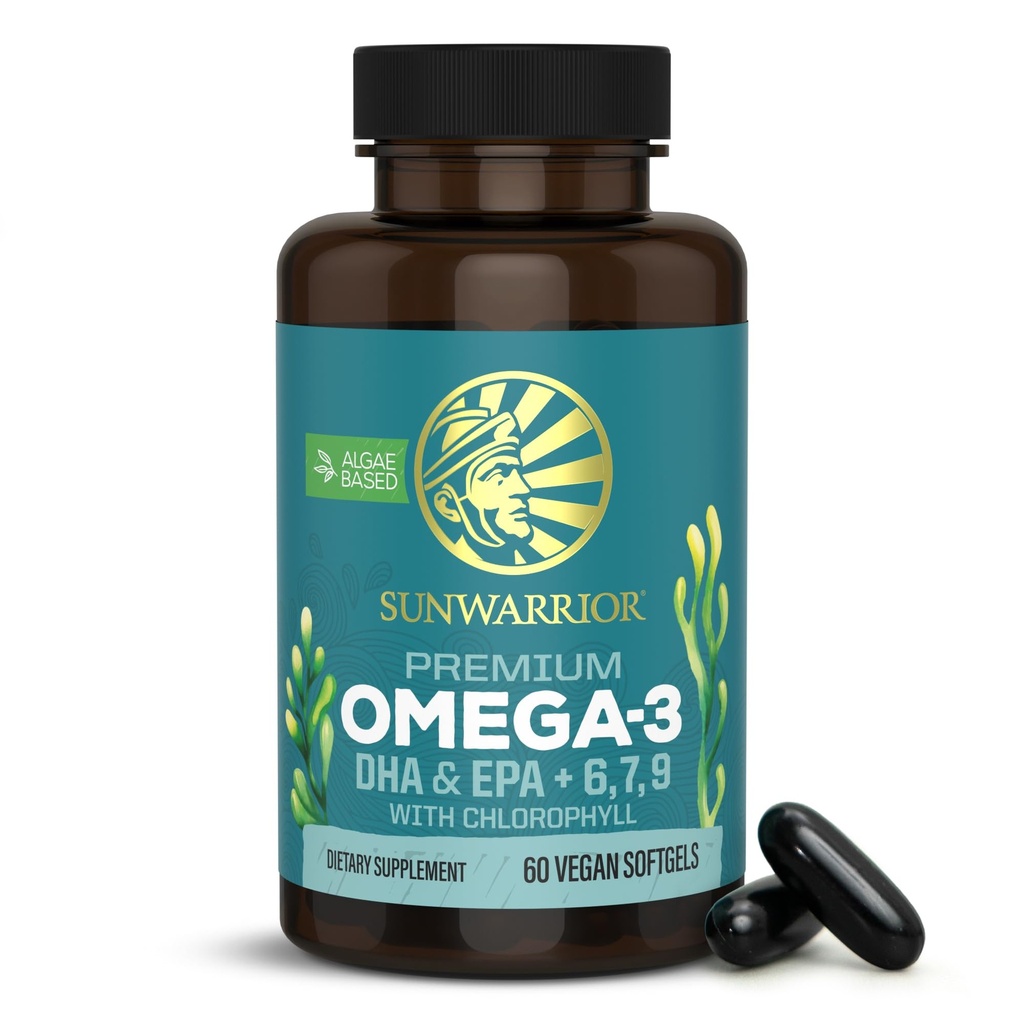 Sunwarrior Vegan Omega 3 DHA & EPA Supplement Algal Oil Preferred Alternative to Fish Oil Supports Brain Eye nivel- ja sydänterveys (60 Count)
