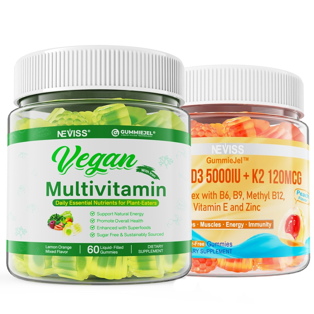 NEVISS-vitamiini D3 5000IU + K2 (MK-7) 120 mcg ja vegan monivitamiini naisille Miehet, joiden rauta, B12-vitamiini, A-vitamiini, D3, K2, Algae Omega 3, Magnesium, sinkki