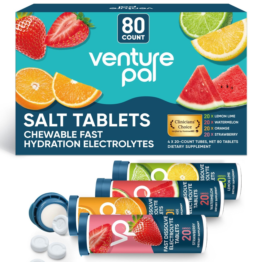 Venture Pal Chewable Electrolyte Tablets, 80 Count Fast-Ssolve Sugar-Free Stick Salt Tablets - Variety Pack for Rapid Hydration, Outdoor Running, Retkeily, Urheilu Keto & Vegan Friendly 