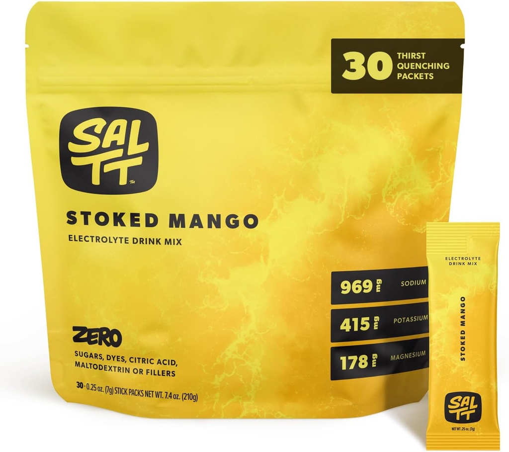 SALTT Elektrolyytit Powder Makujuoma Mix - Stoked Mango - 30 Hydraation Packets - Magnesium, Kalium, Natrium, Trace Minerals - Zero Sugar & Gluteenittomat - Matkustaa Essentials
