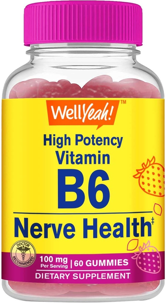 WellYeah High Potency B6-vitamiini Gummies - Edistää hermojen terveyttä, kognitiivisia toimintoja, mielialan sääntelyä, immuuni tukea ja kardiovaskulaarisia terveyttä - Vegan, ei-GMO, Gluteeniton - 60