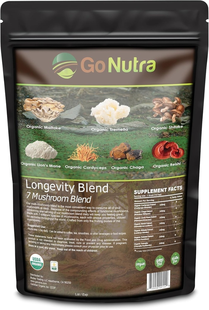 Go Nutra - Organisk 7 Mushroom Supplement, Longevity Mushroom Powder med Lion's Mane, Chaga, Shiitake, Maitake, Reishi, Tremella och Cordyceps Mushroom, Non-GMO, Gluten-Free, Vegan, 8 oz