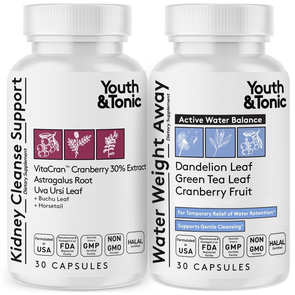 Ungdom & Tonic Daily Water Retention Pills för njurrengöring och överskott Body Fluids & Metabolic Waste / 30 + 30 kapslar