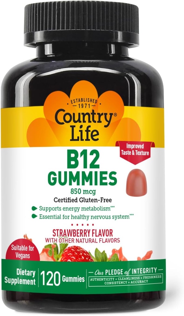 Maa Elämän B12-vitamiini Gummies ... 850 mcg Syanokobalamiinia, 120 kreivi Vegaania, gluteeniton Gummy Supplement for Energy Metabolia & Neurosystem Support