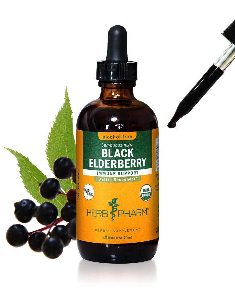 Herb Pharm Certified Organic Black Elderberry Liquid Extract immuunijärjestelmän tukea, alkoholiton Glyceriitti, 4 Ounce