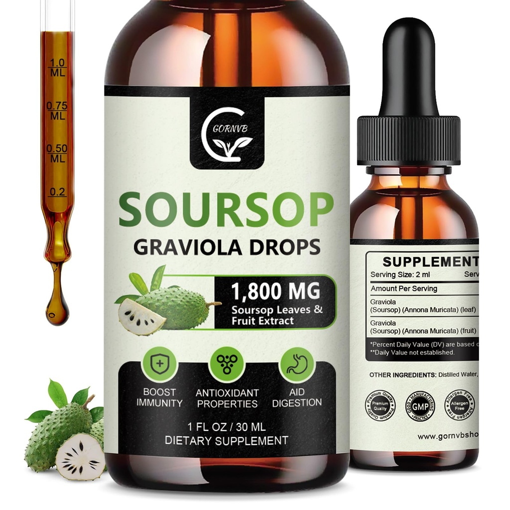 2 pakkaus) Soursop Graviola Liquid Drops 1800mg, 98% Imeytyminen Soursop Bitters Liquid for Cell Support & Regeneration, Immuuni Boost, Rentoudu, Maksa ja uni, Herbal Goodness, Gluteeniton, 1 Fl Oz