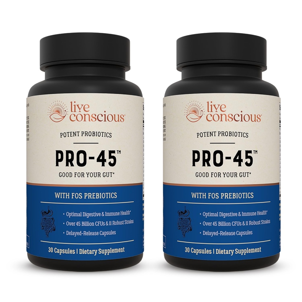 Live Tietoinen PRO45: Probiootti Formula, 45 miljardia PMY, 11 Kattava kantoja. Dairy Free. Viivästynyt vapauttaa kasvismyssyt. Edistää Immuuni- ja ruoansulatuselimistön terveyttä. 60 kapselia (2-pakkaus)