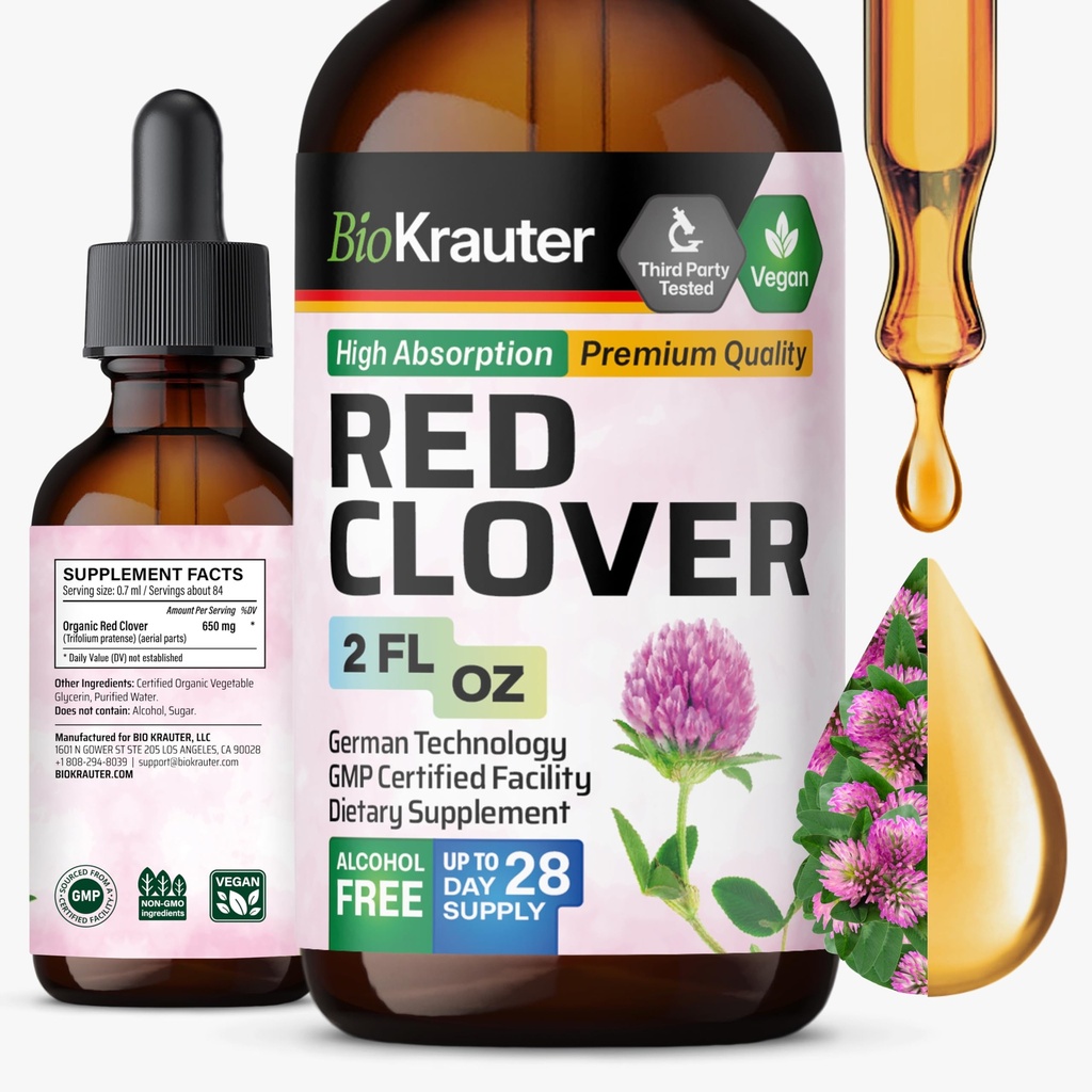 BIO KRAUTER Red Clover Tincture - Red Clover Extract - Liquid Supplement for Women's Support - Alkoholi ja sokeriton - Vegan Drops 2 Fl.Oz.