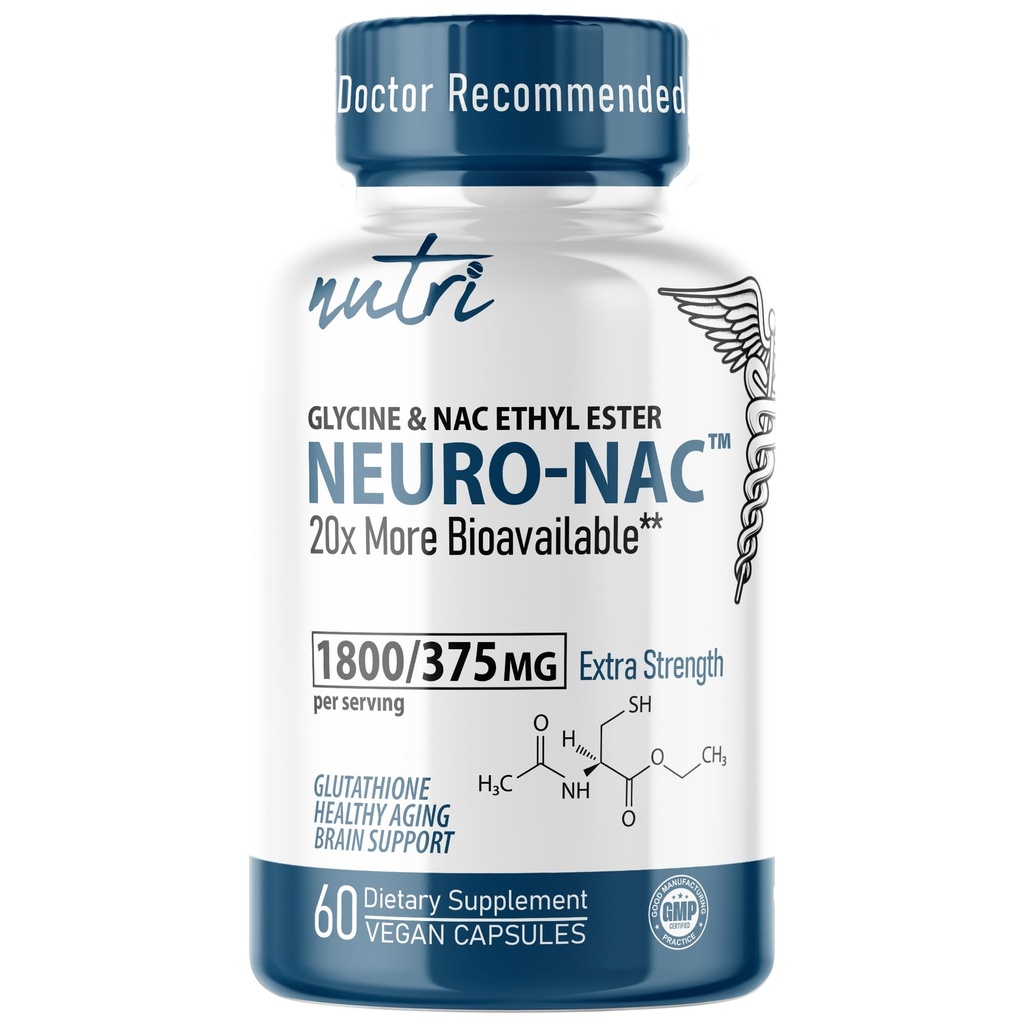 Nutri Neuro NAC Supplement 375mg Extra Styrka med 1800mg Glycin - N-Acetyl Cysteine Ethyl Ester - 20x Mer Bioavailable - Boost Glutathione 10x Mer - 90 Vegan Capsules - 3rd Party Tested