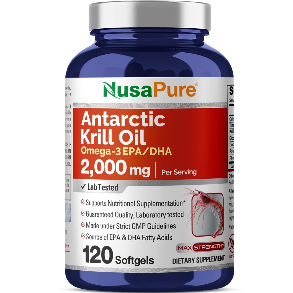 NusaPure Antarktis Krill Oil 2000 mg 120 Softgels, Omega-3 EPA 360mg, DHA 240mg, soijaton Astaksantiini Supplement Lähde: Krill 800ppm