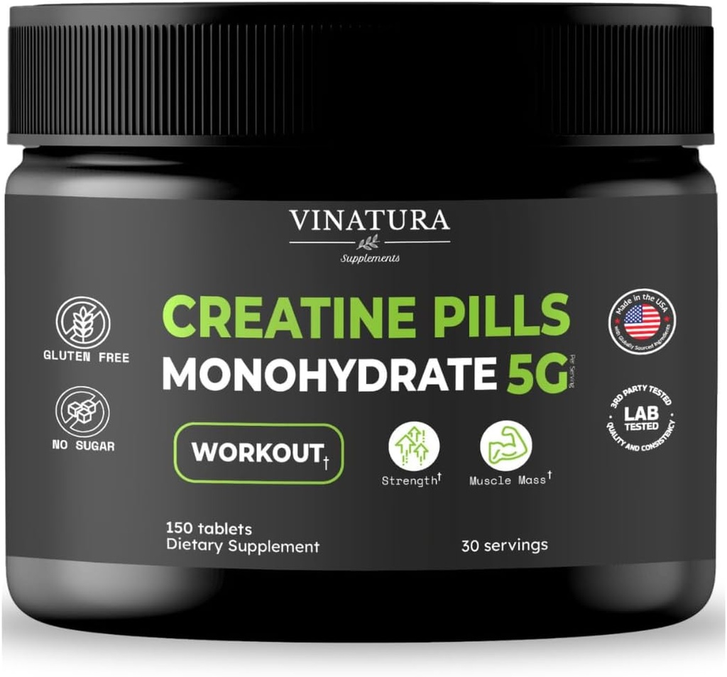 VINATURA Kreatiini Monohydraatti Pillerit 5g - kreatiinitabletit, kreatiinipillerit miehille, naisille, kreatiini en capsulat *USA Made & Tested * Mautonta, kreatiinimonohydraattia Jauhe alt, 150 tablettia 30 tarjoilua