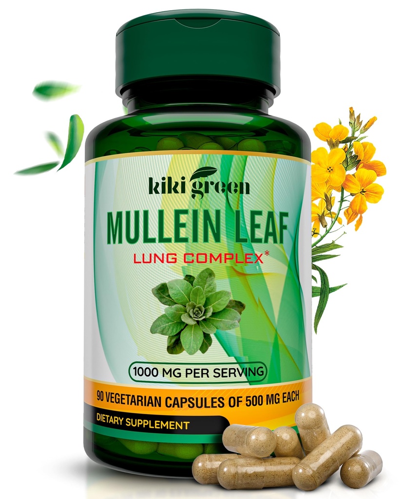KIKI Green Mullein Leaf Extract kapselit - Vegan Herbal Supplement - for Lung Cleanse, Tuki, Parempi hengitys, Immuunifunktio - 1000 mg 45 Tarjoukset - 90 Count