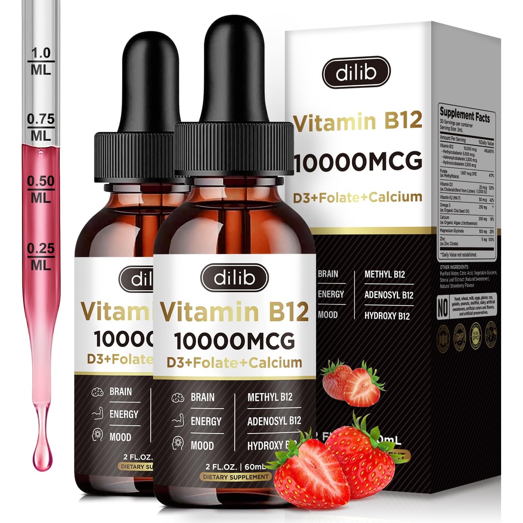 B12-vitamiinin nestetippa 10 000 mikrog, kolminkertainen B-12-kompleksin täydennysosa, metyyli- ja metyylikobalamiinin sekoitus naisille ja miehille, mieliala- ja energiatehostaja, aineenvaihdunta- ja terveystuki, 2 pakkaus