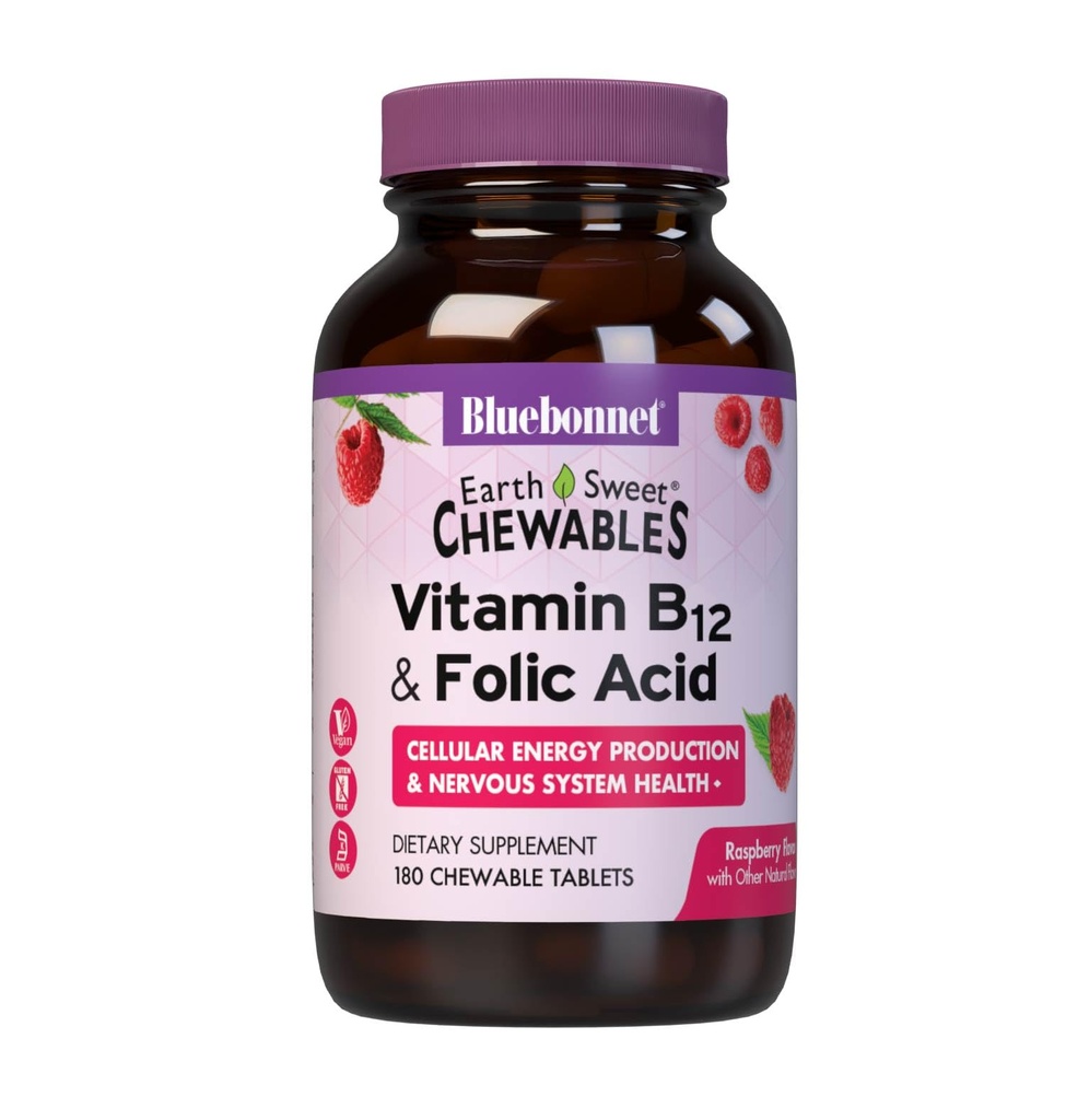 Bluebonnet Nutrition Earth Sweet Vitamin B12 1000 mcg & Folic Acid 400mcg Brain Health & Energy* Vitaminer för kvinnor och män - Vegan, Gluten-Free Raspberry B 12 Vitamin - 180 Chewable Tablets