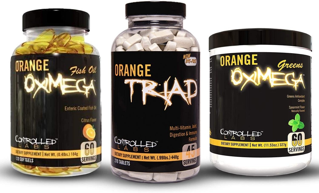 Controlled LABS Bundle sisältää 45 tarjoiluja Orang Triad, Orange Orange Oximega Greens Spearmint ja 120 Ct Orange Orange Oil Softgels
