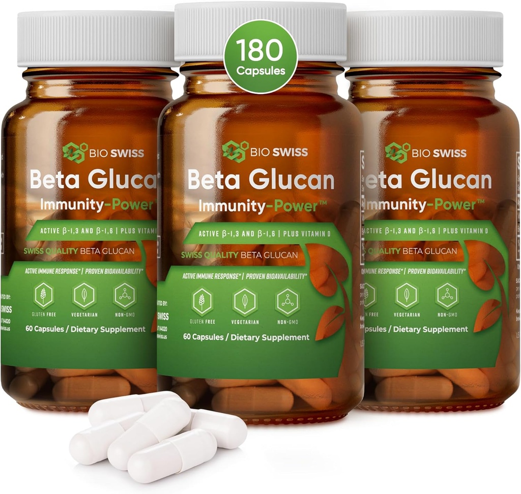 Bio Swiss Beta Glucan Immunity Power - 1,3D-1,6D Glucan med vitamin D - Immune Support Supplement för förbättrat försvar och välbefinnande - Vegan, Glutenfri (180 kapslar)