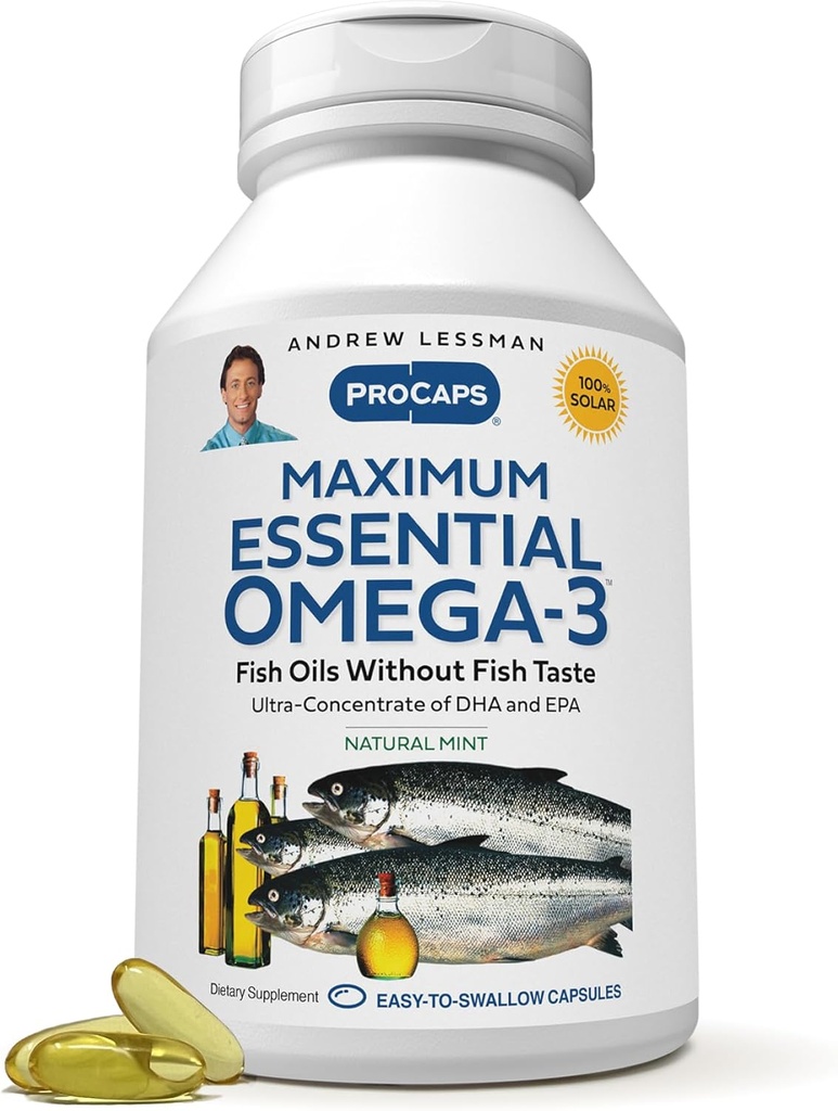 Andrew LESSMAN Maximum Essential Omega-3 Mint - 60 Softgels - Ultra-Pure, High Potency Omega-3 Oils. Korkea DHA, ei vatsavaivoja, ei tuholaisia, ei elohopeaa. Pieni Helppo niellä Softgels