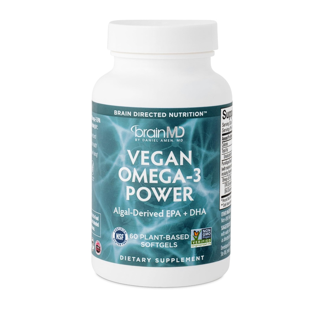 BRAINMD Dr Amen Vegan Omega-3 Power - 60 Plant-Based Softgels - 1 100 mg EPA & DHA - Stöder fokus, minne och hjärthälsa - Vegan, Gluten Free & Non-GMO - 30 portioner