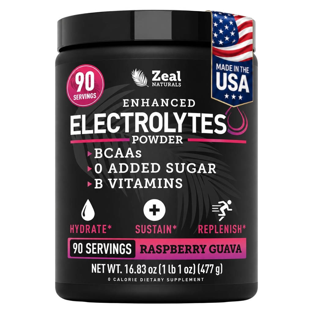 Zeal Naturals Electrolyte Powder Recovery Drink (90 tarjoilua vadelma Guava) w 0 Sokeri + BCAAs + B-vitamiinit Elektrolyytti täydentää w Kalium Sinkki & Magnesium for Hydration - Keto Electrolytes