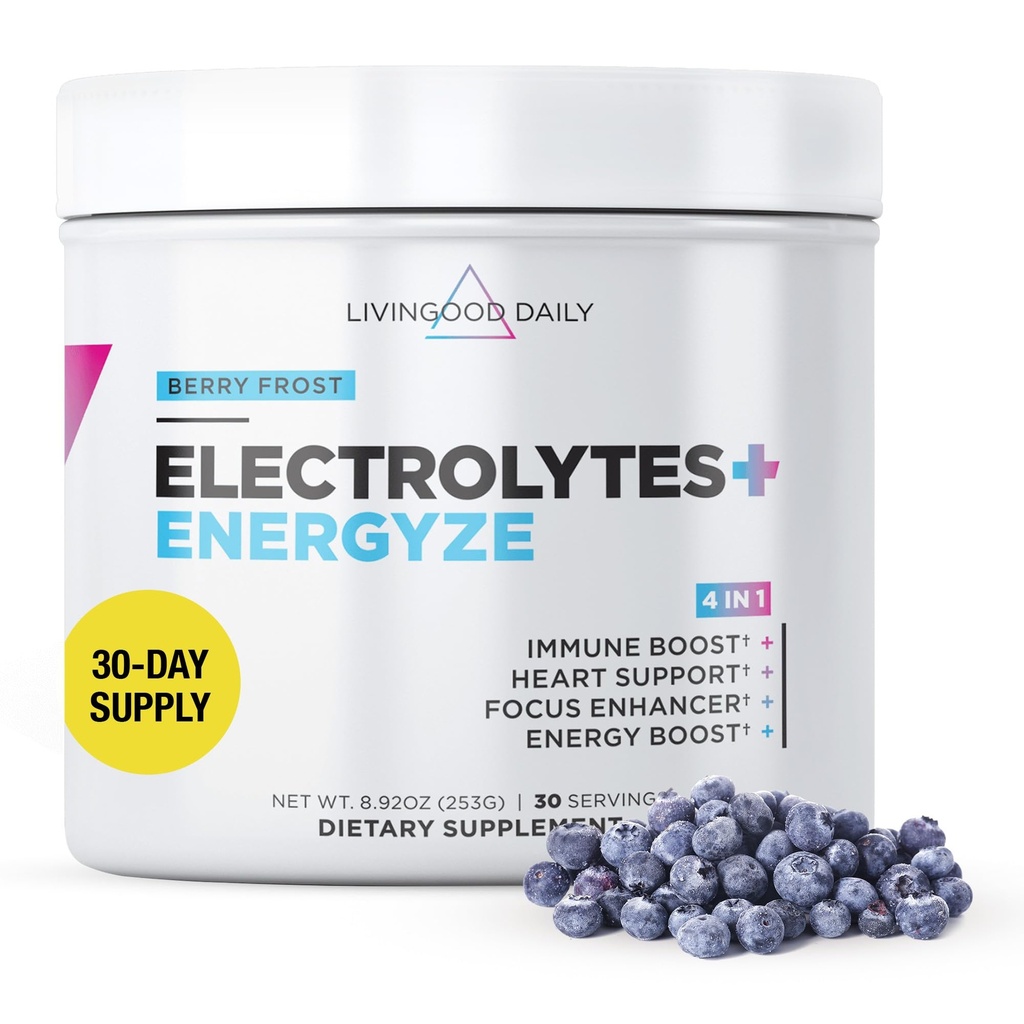 Livingood Daily Electrolytes Powder, Elektrolyytit Hydration Drink Mix C-vitamiinin, magnesiumin, tauriinin ja merisuolan kanssa, Elektrolyyttilisä energia- ja nesteytys, Keto, Berry Frost Flavor, 30 Srvgs