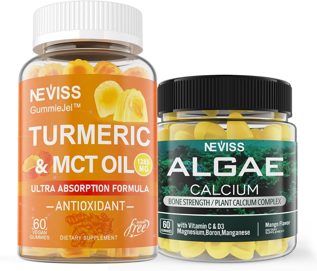 NEVISS Sokeriton kurkuma Curcumin Gummies + Marine Algae Kalsium Supplement 600mg, korkea imeytyminen, vegaaninen