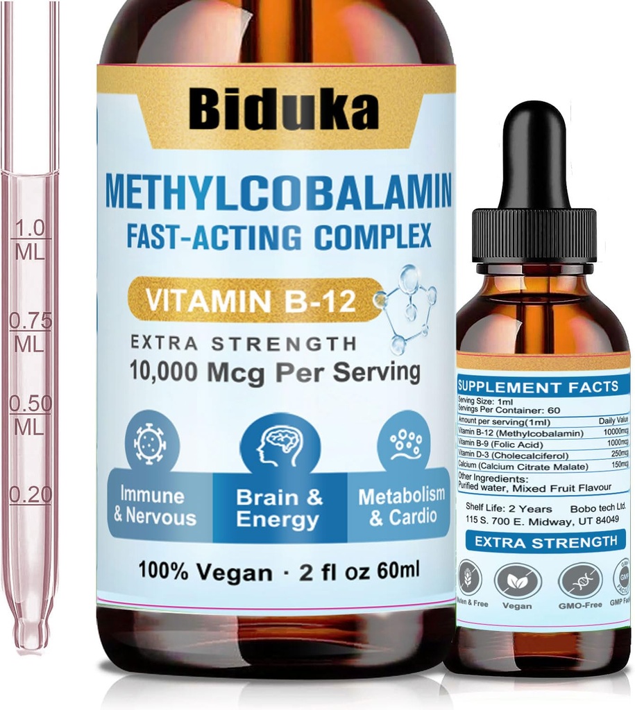 10 000 mcg B12-vitamiinin sublinguaalinen nestetippa, ainutlaatuinen kaava D3, B9(Foolihappo), kalsium, tukienergia, sydän, mieliala, aivot, immuunijärjestelmä, kasvissyöjä, ei-GMO & Gluteeniton