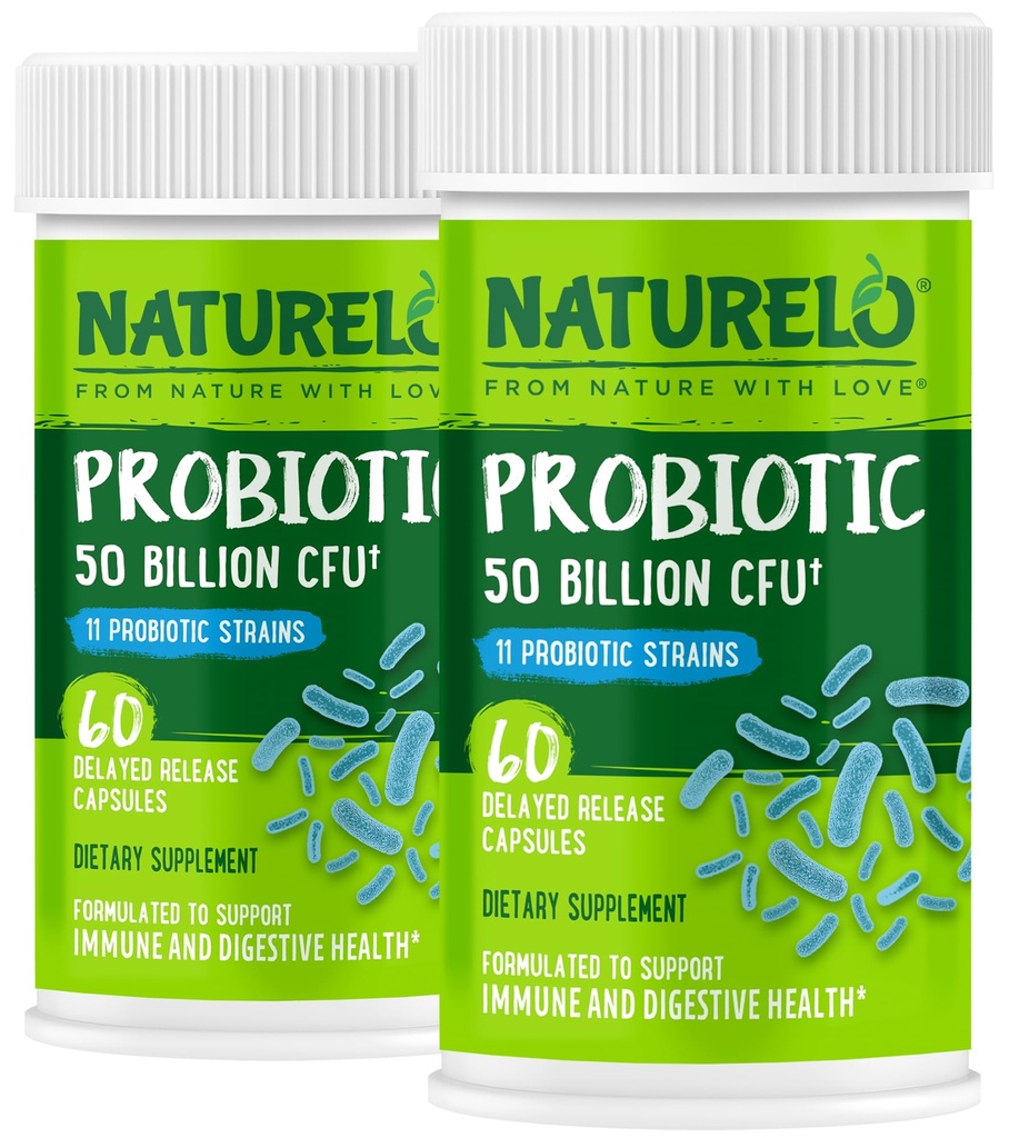 NATURELO Probiotics for Digestive Health - 50 Billion CFU, 11 Strains, Daily Use Supplement - Boosts Immune System, Delayed Release, No-Fridge, 60 Vegetariska kapslar (Pack of 2)