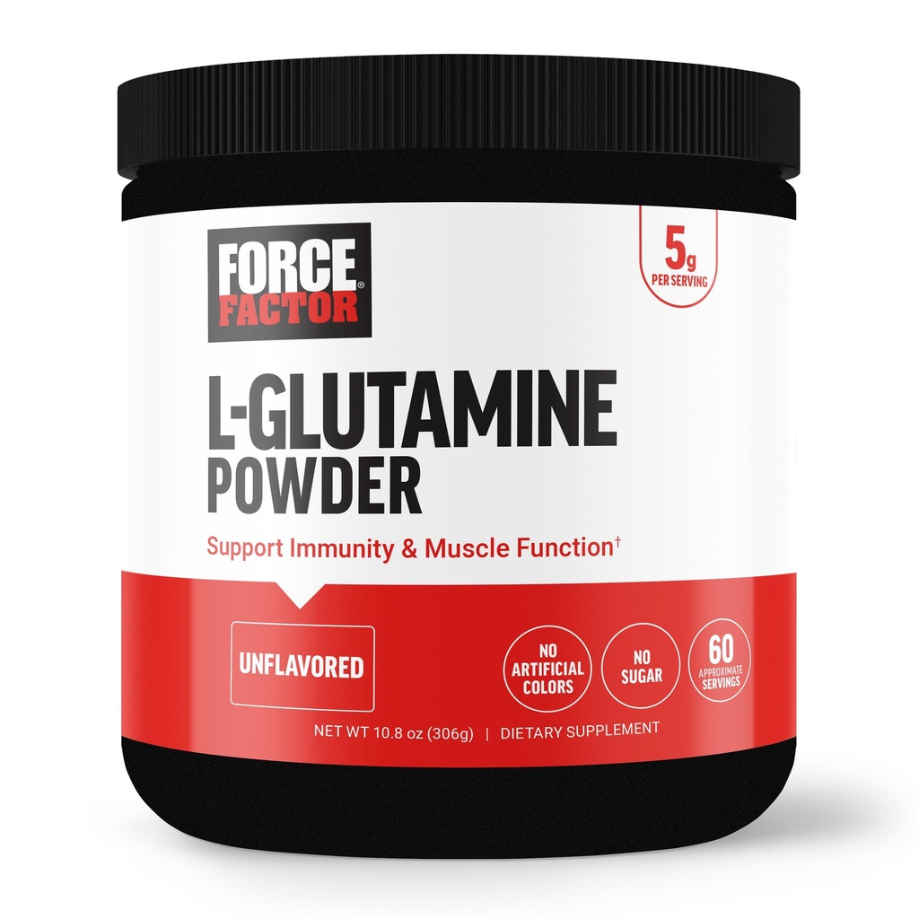FORCE FACTOR L-Glutamiini Powder for Post Trenout Recovery, Lihasten Recovery, Terve Lihastoiminta, ja Immuniteetti, 5000 mg/5g Glutamiini Supplement, Vegan, ei-GMO, 60 Servings