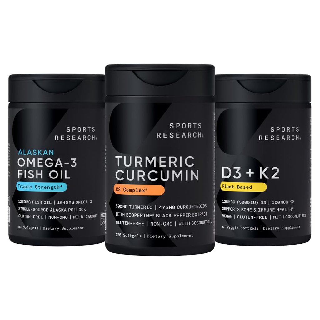 Urheilututkimus Wild Alaska Pollock Omega 3 Fish Oil 90 Softgels (1250 mg), Turmeric Curcumin C3 Complex (120 Softgels) ja Vegan 5000 IU D-vitamiini + 100 mcg Mk7 K-vitamiini (60 Softgels)
