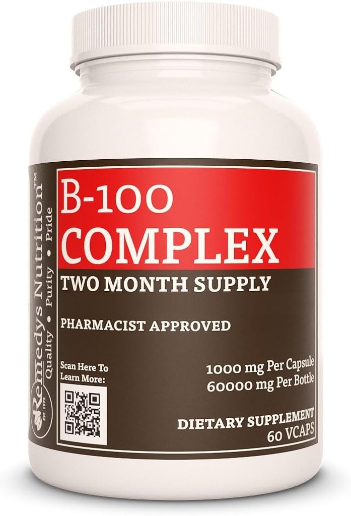 Remedys näring Vitamin B-100 Komplex | 1 000 mg, 60 Vegan kapslar Kosttillskott | Tvåmånaders leverans