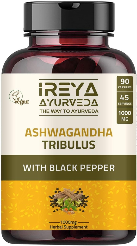 Ashwagandha-kapselit Luomu 1000 mg (90 kapselia) Valmistettu Tribulus Terrestris-, Shatavari- ja Black Pepper Organic Ingredients -ainesosioilla 45 päivää