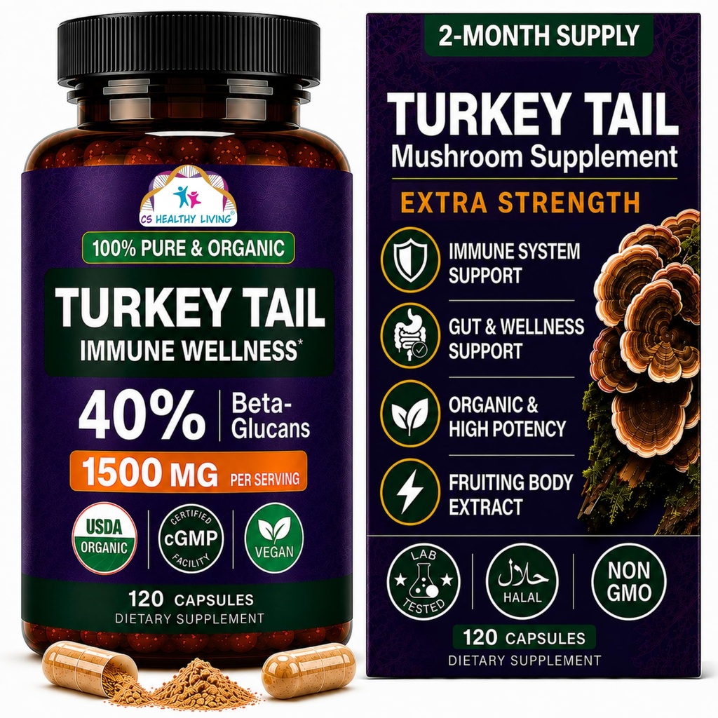 CANCER TIEDET Turkey Tail Wellness Sienet täydentää, USDA Certified Organic Extract, Extra Strength 1500 mg, High Potency 40% Beta-Glucans, Gut & Immuuni tuki, luonnollinen digestiivinen, 120 kapselia