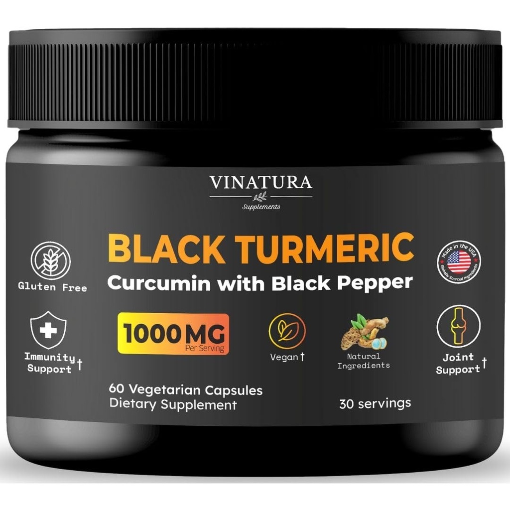 VINATURA Musta kurkuma, Curcumiini mustalla Pippurilla 1000mg - Kurkuma kurkuma musta - Curcuma Caesia, Curcuma Longa, Mustapippuri 95% Piperine - 60 kapselia 30 annosta