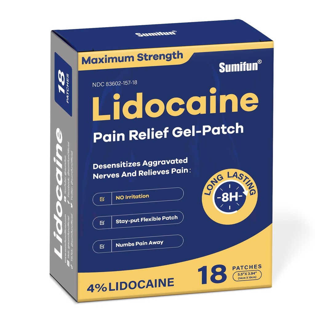 Sumifun 4% Lidocaine Pain Relief Patches - OTC Maximal Styrka - Flexibel och långvarig, 18-räkna Lidocaine Patches för rygg, hals, muskel, gemensam smärta - Unscented Patch