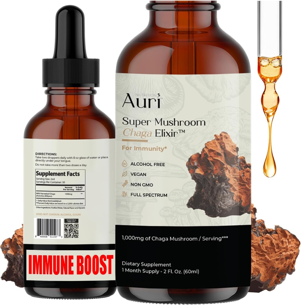 Auri Super Chaga Elixir - Mushroom Superfood Liquid Superfood Supplement Full Spectrum Immuuni Tuki Oksidatiivinen Stressi ja Energy Lift - Chaga Tincture 60ml