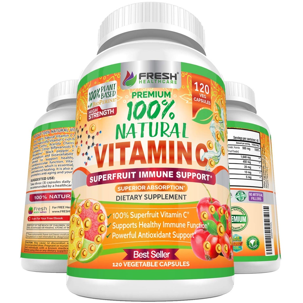Färsk hälsovård 100% naturlig vitamin C - 500mg från Rose HIPS, Acerola Cherry & Camu Camu - High Absorption Immune Support, Skin, Joint & Collagen Booster med Citrus Biflavonoids - 120 kapslar