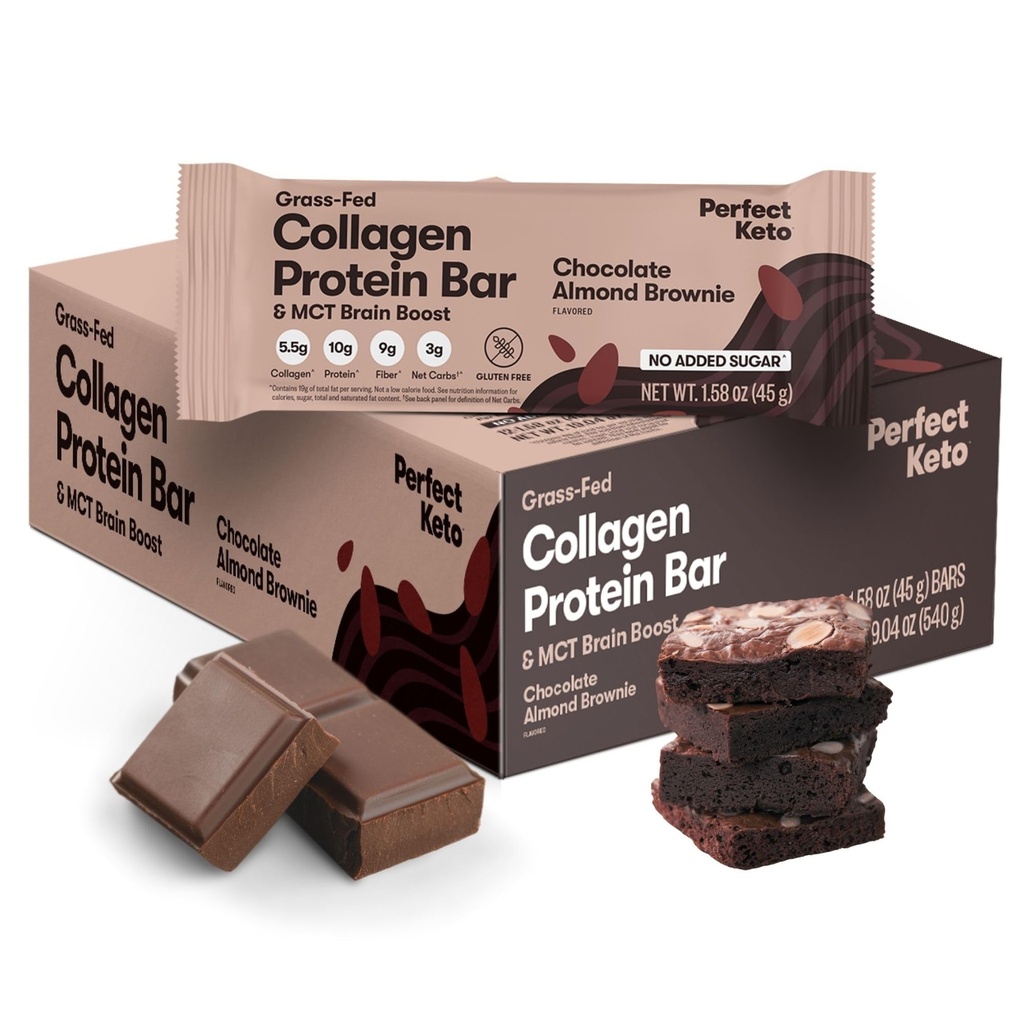 Perfekt Keto Bars - De renaste Keto Snacks med Collagen och MCT. No Added Sugar, Keto Diet Friendly - 3g Net Carbs, 19g Fat, 10g protein - Diet Food Dessert (Almond Butter Brownie, 12 Bars)